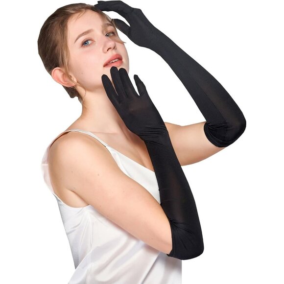 Accessories - Women's Evening Black Pure Silk Elbow Length Satin Long Gloves Opera Party Prom